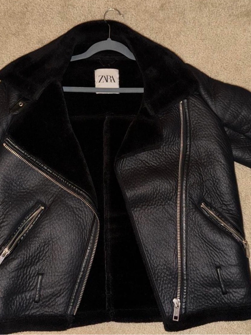 Zara Black Faux Leather Shearling Moto Jacket